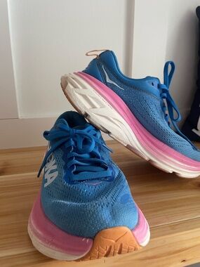 Hoka Women’s Blue Running Shoes with Pink Midsole and Orange Toe